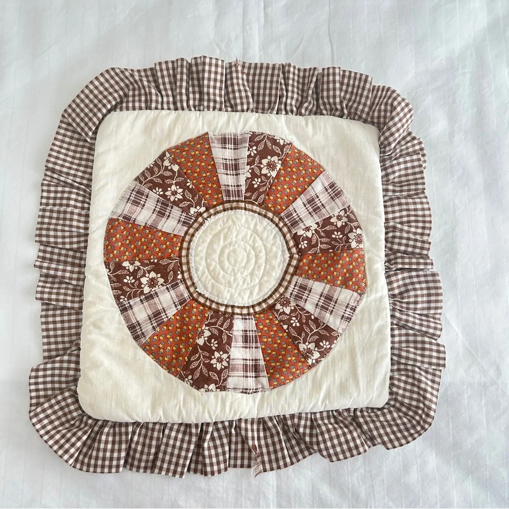 1970s Handmade Dresden Plate Quilted Pillow | Cottagecore Earth Tones